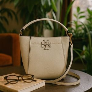 Tory Burch Mcgraw Brie Cream Leather Small Bucket Tote Bag/Crossbody Bag